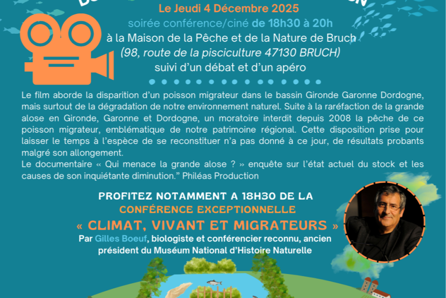 RDV Garonne Vivante – Dernière soirée  Ciné-Débat & Conférence Jeudi 4 décembre – Maison de la Pêche et de la Nature, Bruch